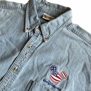 Vintage Disney Denim Button Up Mickey Mens Button Up Shirt Size XL